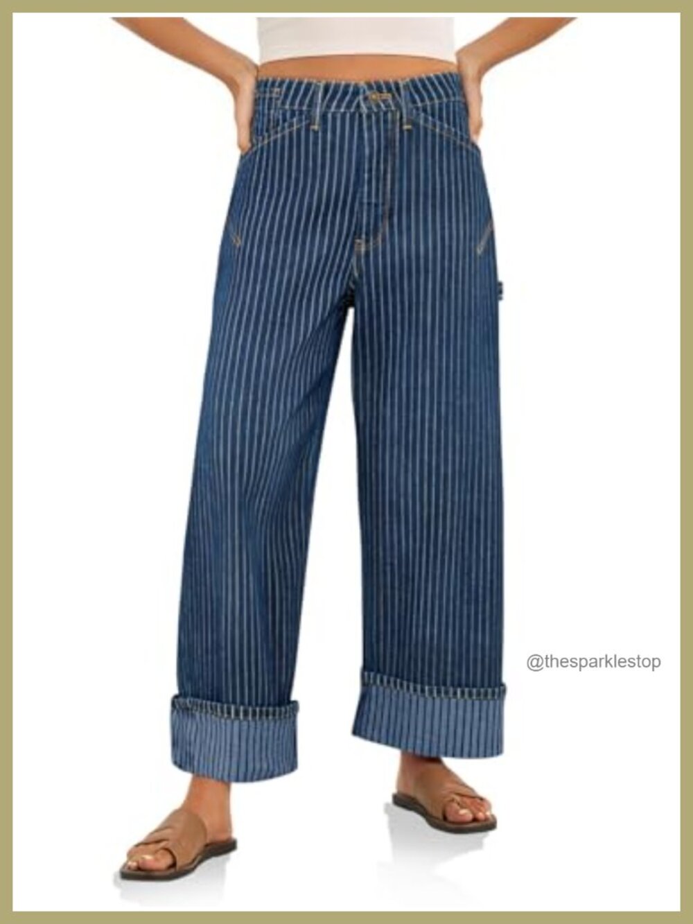 Womens Striped Wide Leg Jeans Baggy Cuffed Denim Pants High Rise